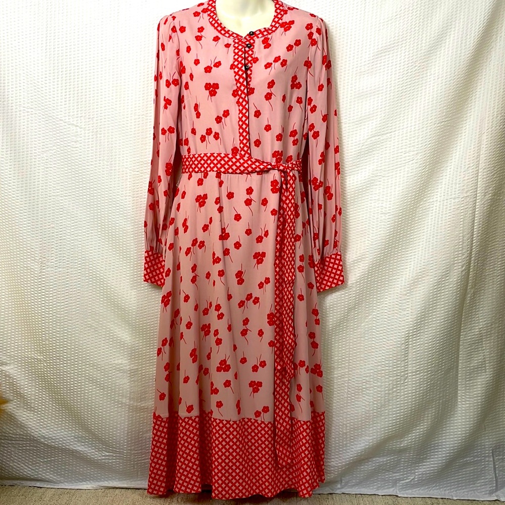 Rare Boden Women's Pink Red Floral Belted Midi Dress Size US 6L UK 10L